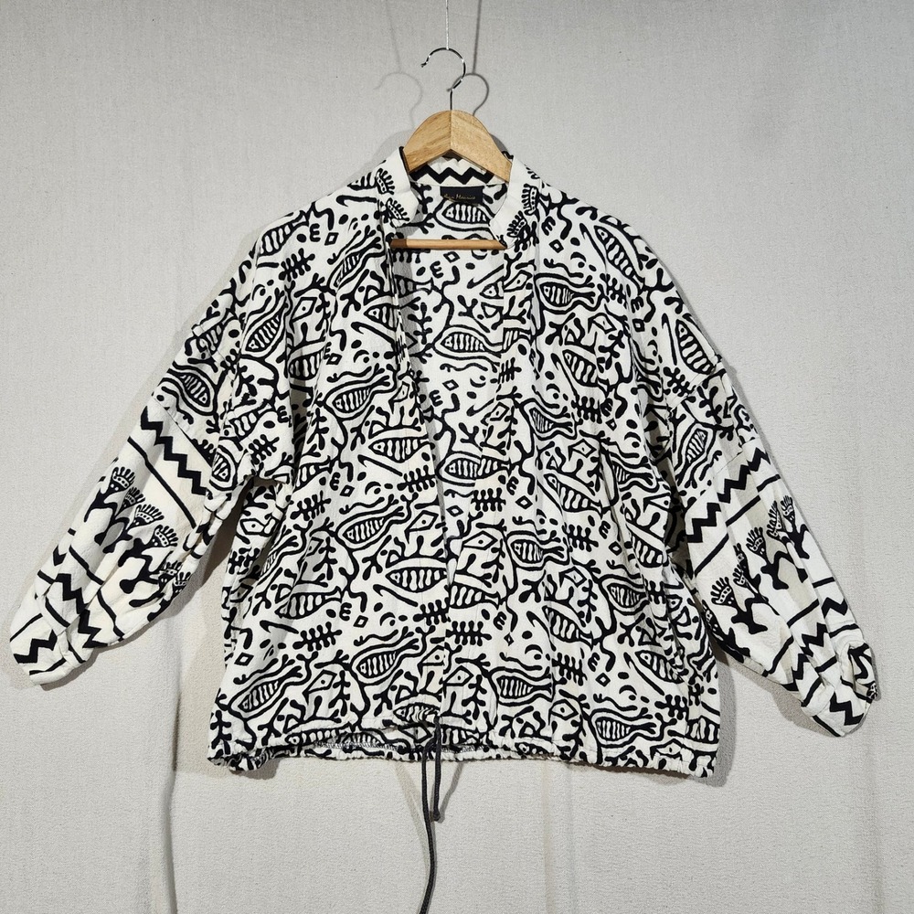 VTG Ann Maurice Women Black White Abstract Fish Tribal Print Open Front Jacket L